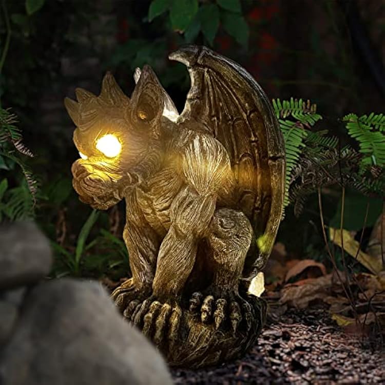 Large Winged Gargoyle Statue with Solar Lights Outdoor Decor, Sitting Gargoyle Monster Dragon Garden Guardian Gothic Creep Scary Sculpture, Patio Yard Lawn Decorations, Valentine's Day Gift
