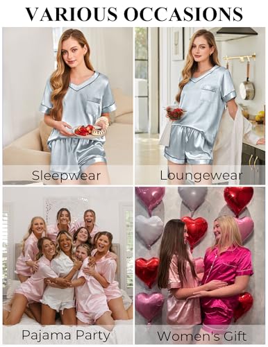 Image of Silk Pajamas for Women Short Sleeve Satin 2 Piece Pj Set Soft V Neck Sleepwear Loungewear, S-XXL
