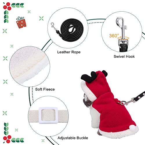 Image of Christmas Rabbit Harness and Leash Set Winter Warm Fleece Bunny Clothes Small Animal Elk Costume Cute Hoodie Outfit for Ferret Rat Party Clothes(Red /S)