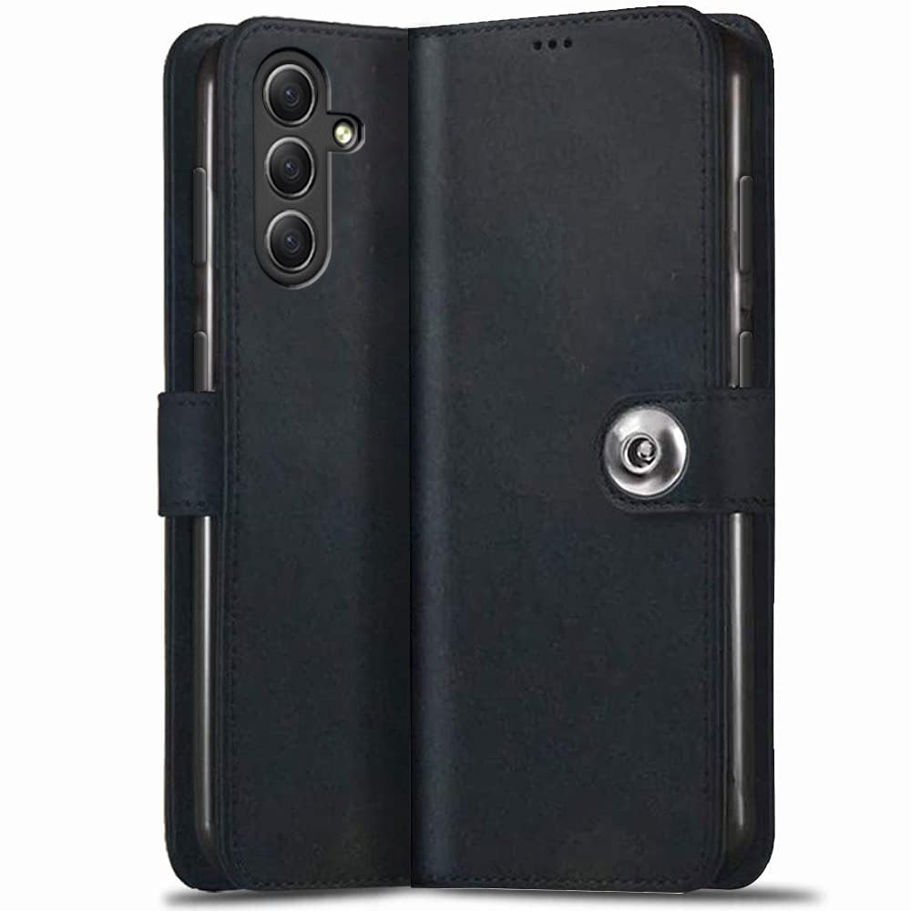TheGiftKart Genuine Leather Finish Flip Back Cover Case for Samsung Galaxy M55 / M55s / F55 5G | Inbuilt Pockets & Stand | Designer Button Magnet Flip Case for Samsung M55 / M55s (Faux Leather, Black) (B0D12GHN91) Amazon Price History, Amazon Price Tracker