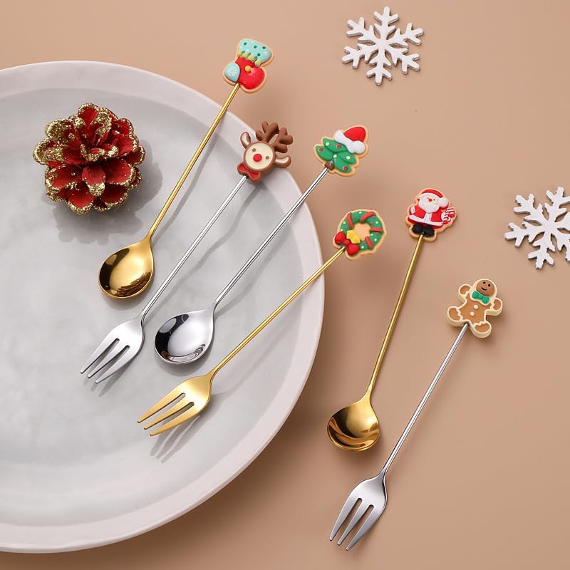 Silverware Flatware Set, 6/24/36/48/60/72pcs Stainless Steel Christmas Spoons Cartoon Dessert Coffee Spoons Creative Christmas Tableware Gift Set(Silver,24 Pieces for 4)