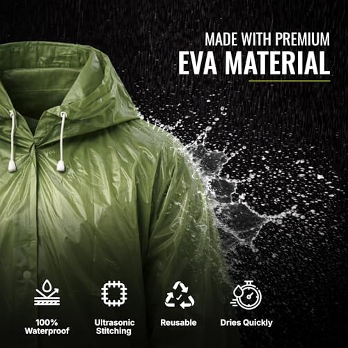 Image of Robustt EVA Reusable Raincoat with Hood (Dark Green) - Pack of 10 | Elasticated Full Sleeves Outdoor Waterproof Raincoat for Men & Women | Rainwear | Button Closure | Knee Length | Universal Fit