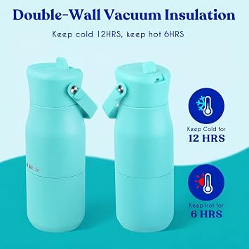 Kids Insulated Water Bottle 400ml, Leakproof Stainless Steel Thermal Bottle with Straw & Cleaning Brushes, BPA-Free, Lightweight Travel Flask for School, Nursery & Outdoor(Light Blue)
