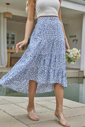 SimpleFun Women's Long Skirts Boho Floral Elastic High Waist Asymmetrical Hem Midi Skirt3