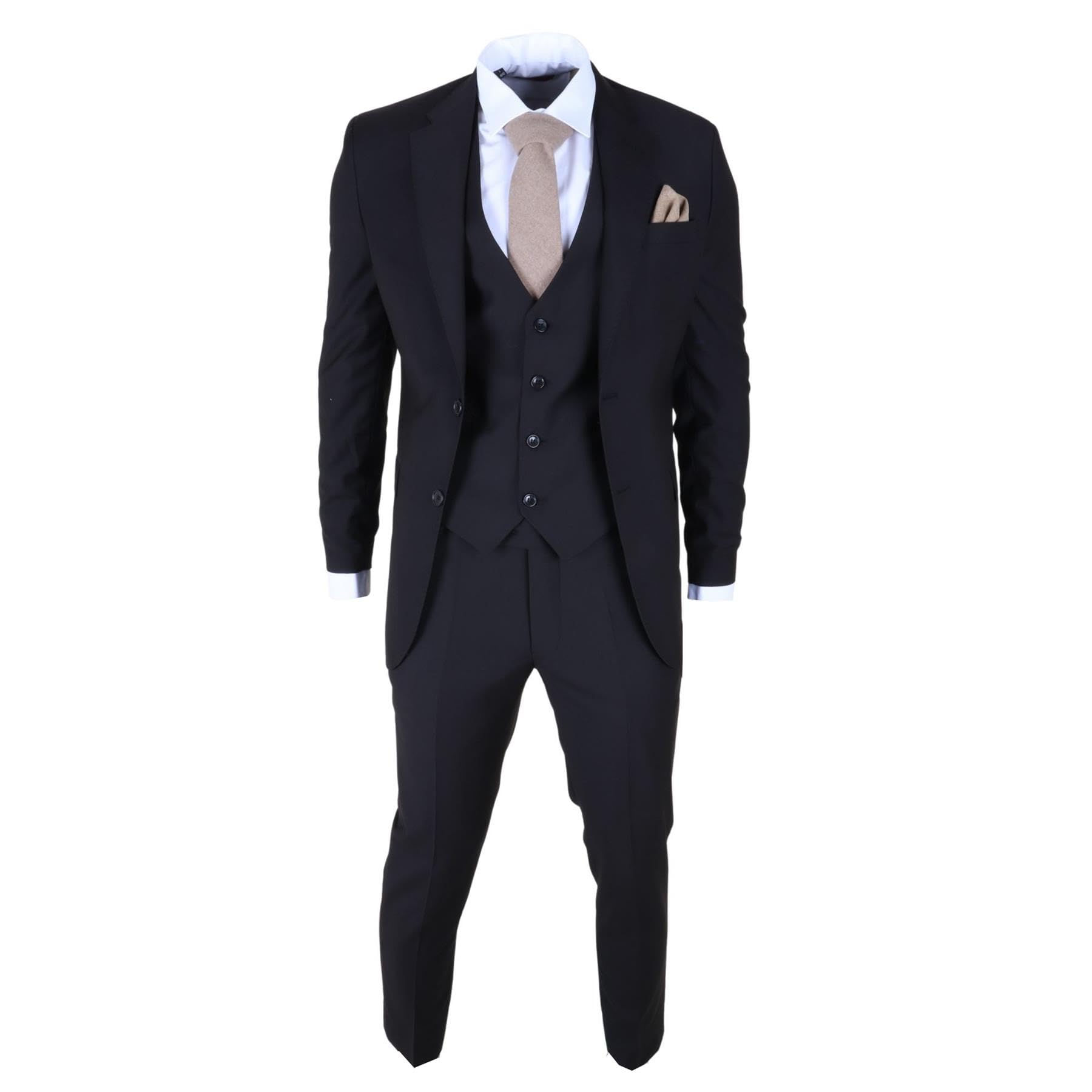 Truclothing Men's Black 3 Piece Suit Plain Tailored Fit Wedding Prom Formal Stitch Lapel - 48