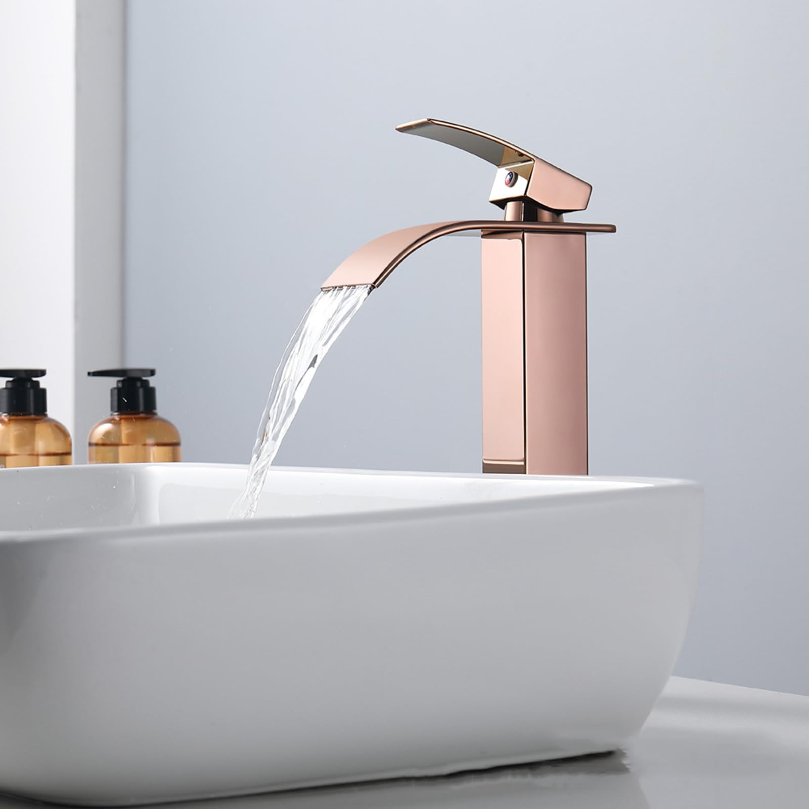 Mitigeur Haut pour Vasque Cascade Robinet Lavabo Monotrou Chaud Et Froid Robinet Lave Main En Acier Inoxydable,or Rose
