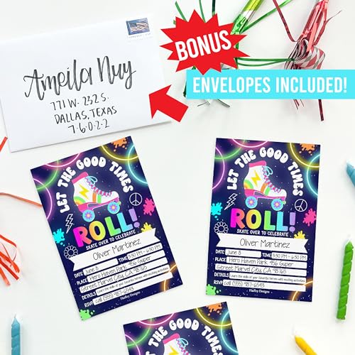Invitación de fiesta infantil de patinaje sobre ruedas neón Hadley Designs premium mate 6