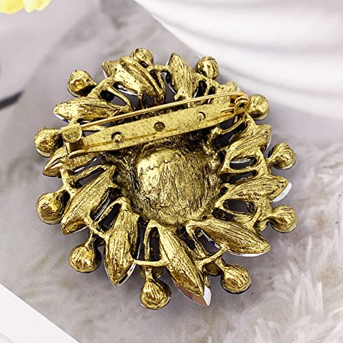Image of SELOVO Flower Rhinestone Statement Brooch Pin Broach Antique Gold Tone