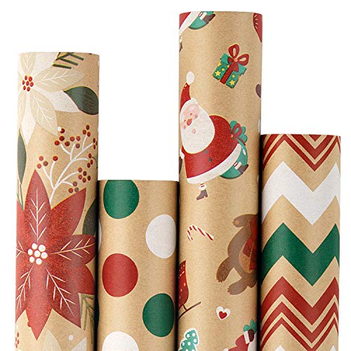 RUSPEPA Christmas Wrapping Paper, Kraft Paper - Flowers, Santa Claus, Stripes and Dots - 4 Rolls - 30 inches x 10 feet per Roll
