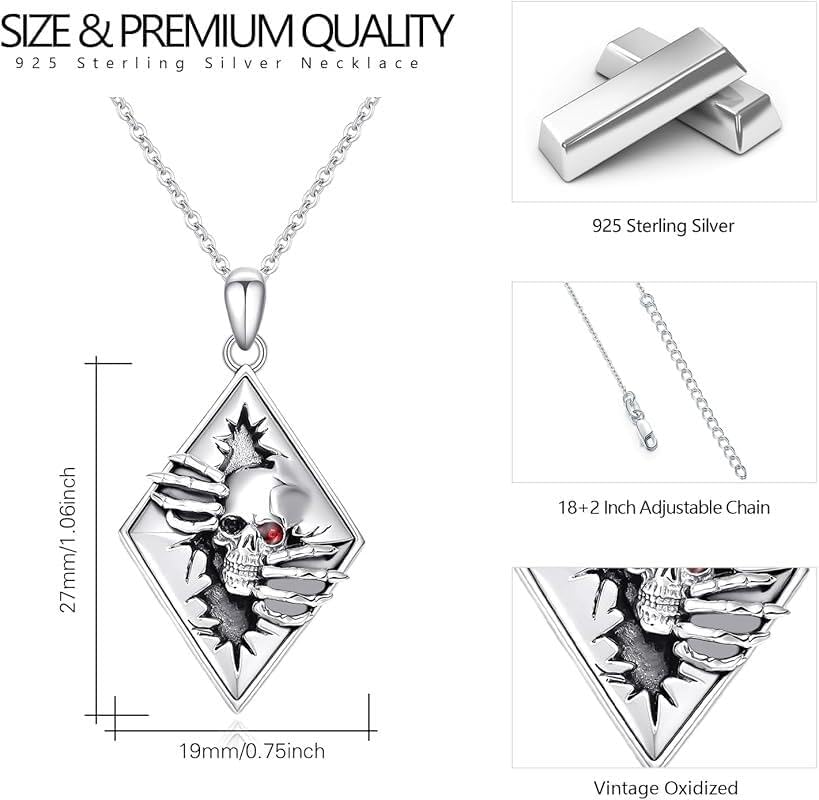 REDSUN Skull Necklace for Men 925 Sterling Silver Skeleton Pendant Necklace for Women Gothic jewellery Punk Skeleton Skull Jewelry for Christmas Birthday Halloween Gifts - Image 4