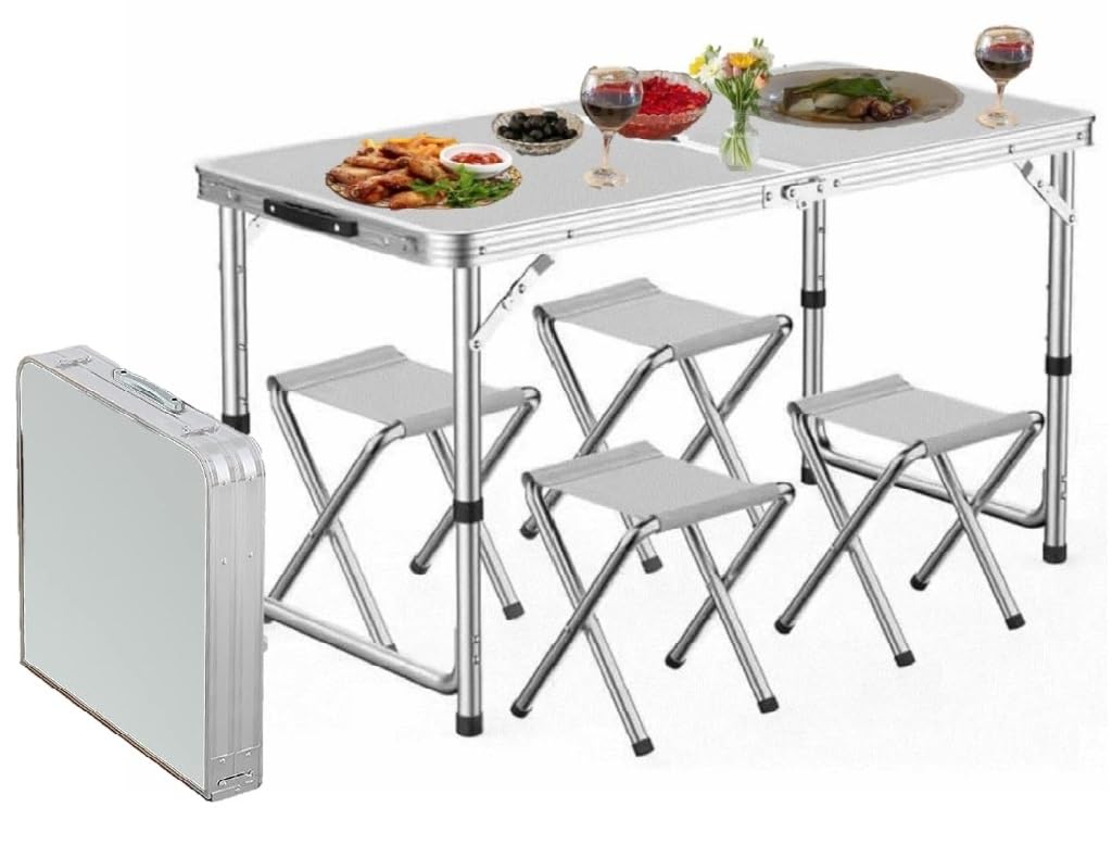Height Adjustable Picnic table with 4 chairs & Carrying Handle Multipurpose Folding Aluminium frame table set for picnics, fishing,BBQ or have a party in your backyard serving food,camping-image-36