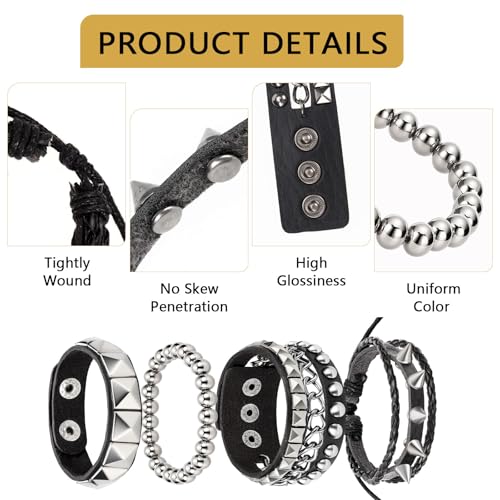 4 PCS Punk Leather Rivets Bracelets,Punk Rock Leather Studded Bracelets,80s Wristband Emo Bracelet,Gothic Spike Cuff Bracelet Set for Men Women Rocker Outfits4
