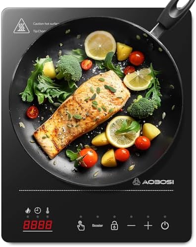 Aobosi Inductiekookplaat, 1 plaat, inductiekookplaat met boosterfunctie, 20 standen en temperatuurniveaus, compact formaat, 2000 W, draagbare inductiekookplaat, 10H-timer, zwart
