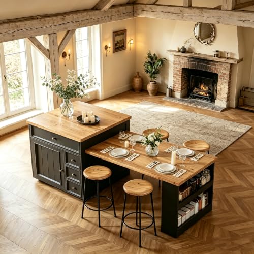 Yihomfy Ilot Central Cuisine Roulant avec Table Extensible, Ilot Central Cuisine avec Rangement et Plan de Travail, 4 Tiroirs, pour 4 à 6 Personnes, Salle à...
