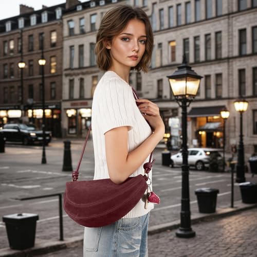Image of Small Suede Dumpling Crossbody Bag for Women, Hobo Shoulder Purse with Cute Baseball Charms & Adjustable Strap