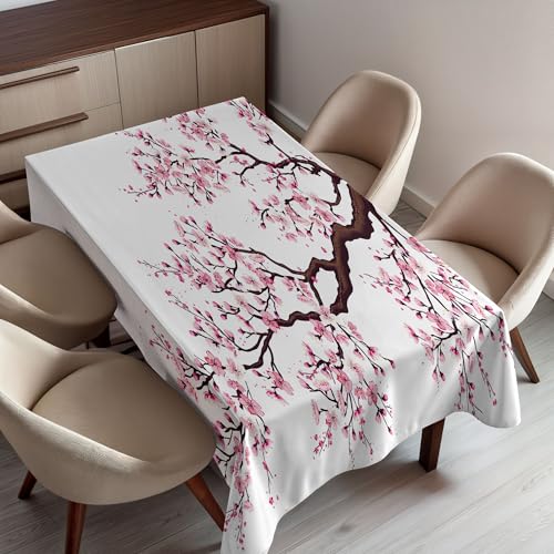 Ambesonne Japanese Tablecloth, Branch of a Flourishing Sakura Tree Flowers Cherry Blossoms Spring Theme Art, Dining Room Kitchen Rectangular Table Cover, 52
