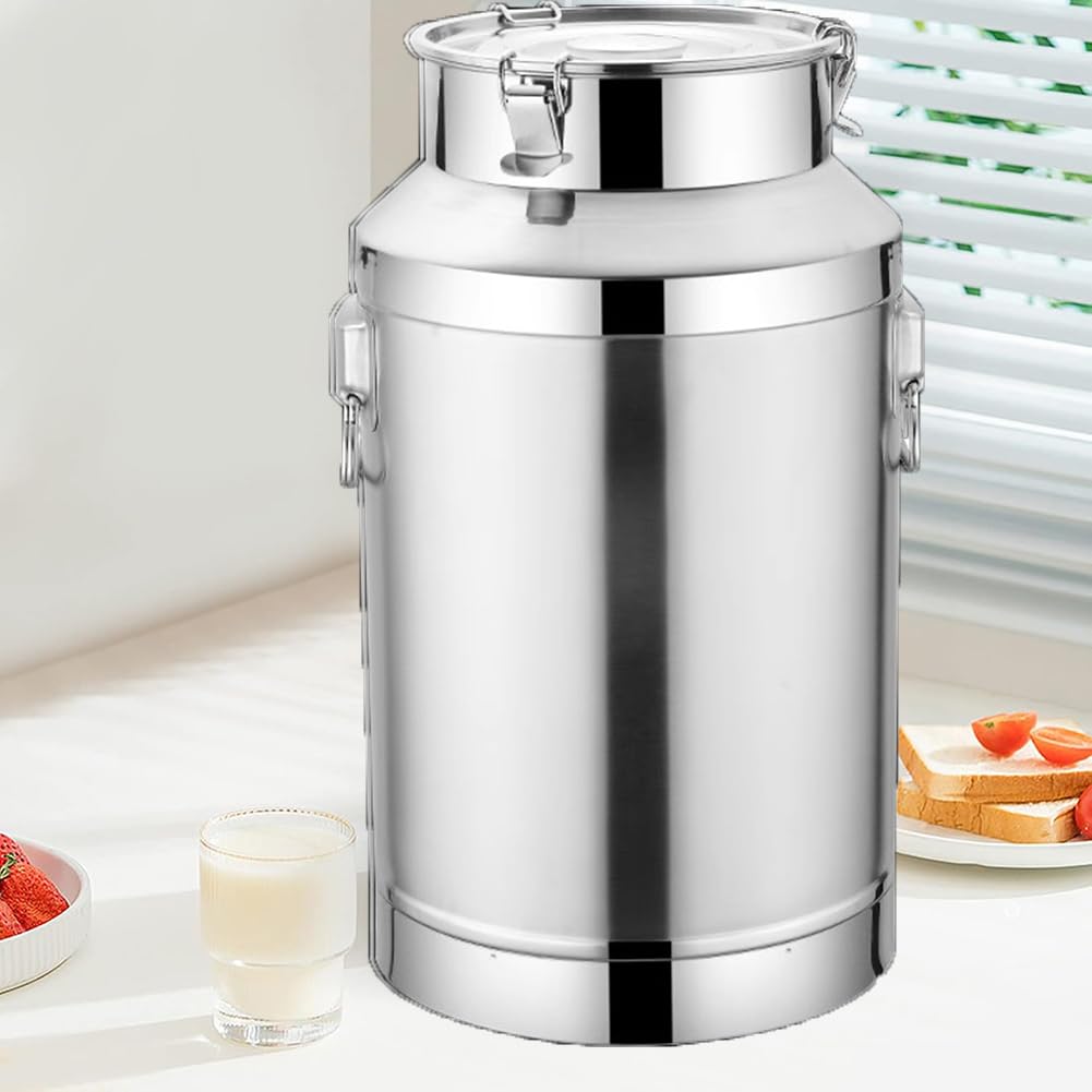 WOTZOV Stainless Steel Milk Bucket With Sealed Lid, 5L/8L/11L/14L/18L/22L Milk Can Tote Jug, Liquid Storage With Carry Handle,Silver,14L/3.6Gallon，Silver 14L/3.6Gallon