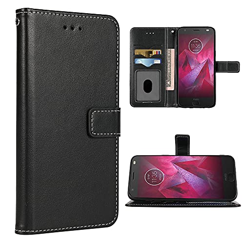 FDCWTSH Compatible with Moto Z2 Force Wallet Case Wrist Strap Lanyard Leather Flip Cover Card Holder Stand Cell Accessories Phone Cases for Motorola MotoZ2Force Droid MotoZ2 Z2Force Z 2 2Z Black