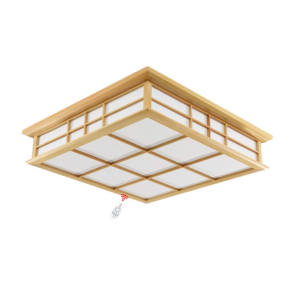 SanBouSi Japanische Deckenlampe: Holz LED Leuchte Mit Schaffellimitat & 3 Farben Dimmbar Per Fernbedienung