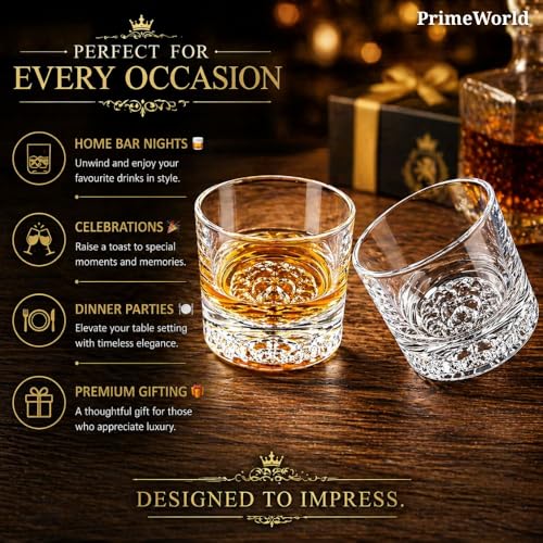 Image of PrimeWorld Lion European Crystal Whiskey Glasses Set of 6 pcs- 300 ml Bar Glass for Drinking Bourbon, Whisky, Scotch, Cocktails, Cognac- Old Fashioned Cocktail Tumblers