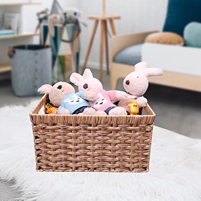 Wicker Baskets 2 Pack, Rectangular Wicker Storage Basket with Handles, Waterproof Plastic Large Baskets for Organizing, Nesting Hand-Woven Storage Baskets for Pantry Storage