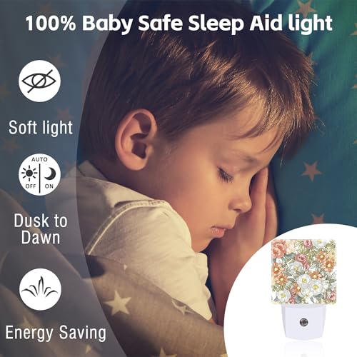 Image of Watercolor Flowers and Herbs Night Light Plug into Wall,Abstract Botanical Plants Leaves Floral Dusk to Dawn Night Light Plug in,0.5w Energy Saving NightLight for Kids Boys Girls Home Decor