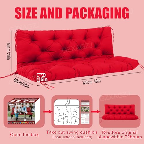 Image of Porch Swing Cushions Outdoor 48 inch Waterproof Extra Thick 5 inch Swing Cushions Replacement with Backrest and Ties for Outdoor Furniture Porch Patio Garden Lawn (Bright red)