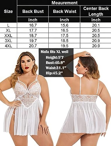 Image of Plus Size Lingerie Lace Babydoll Womens Strap Chemise Nightgown V Neck Nighty Mesh Sleepwear Side Slit Nightdress with G-Sting Panty