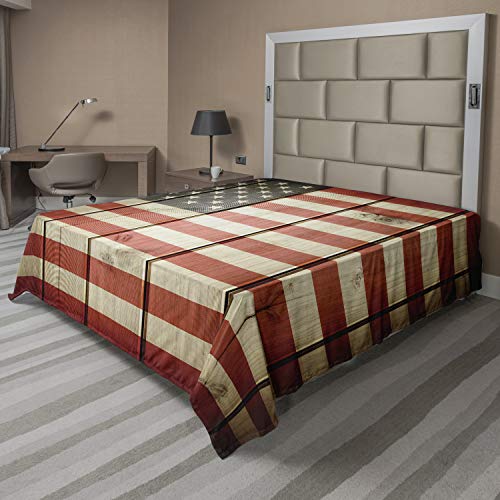 Ambesonne American Flag Flat Sheet, USA Flag Over Vertical Striped Wooden Board Citizen Solidarity Artwork, Soft Comfortable Top Sheet Decorative Bedding 1 Piece, King Size, Blue Red