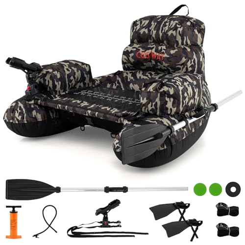 COSTWAY Inflatable Fishing Float Tube, Fishing Boat with Pump, Adjustable Straps, Paddle, Pockets, Fish Ruler, Rod Holder & Flippers, 150kg Capacity Adult Belly Boat (Camouflage, 110x108x64cm)