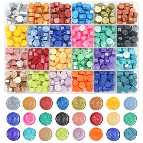 Wachs Achteckig Wachssiegel Set 24 Farbe Siegelstempel 720 Stück siegelwachs Perlen für Vintage Siegellack und Brief Einladungen Karten Paket Geschenk Siegelwachs Set (Satz B)