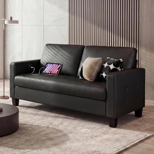 Image of STHOUYN 59 inch Black Faux Leather Sofa Couch, Small 2 Seater Loveseat | STHOUYN, Modern, Comfy, Tufted Armrest, USB Charger, Living Room, Apartment, Bedroom