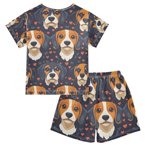 ALAZA Beagle Dog Love Heart Pajamas Set Short Sleeve Cotton Sleepwear Summer Pjs 2 Piece 5-14Y2