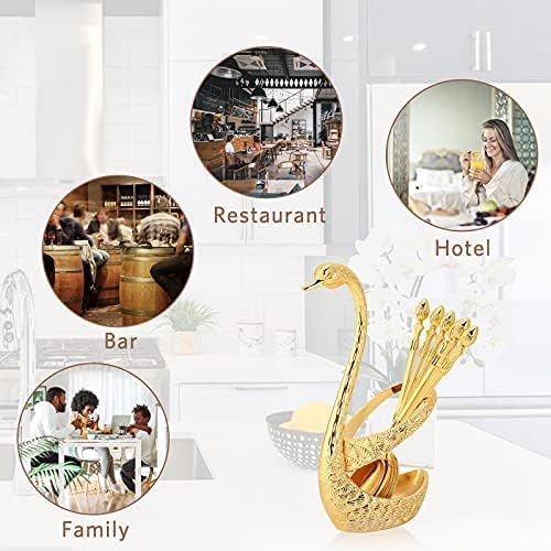 Set 6 Cucchiai Da Dessert In Acciaio Inox Con Portacucchiaio A Forma Di Cigno | Posate Eleganti Per Caffè E Bar | Regalo Originale | Oro