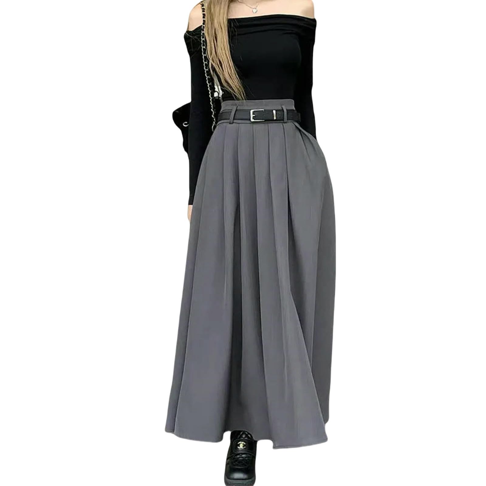 Gonna Lunga Svasata Plissettata Jupe A Vita Alta da Donna Ampia Allentata per Ufficio Moda Vintage Falda Holiday-Grigio-s