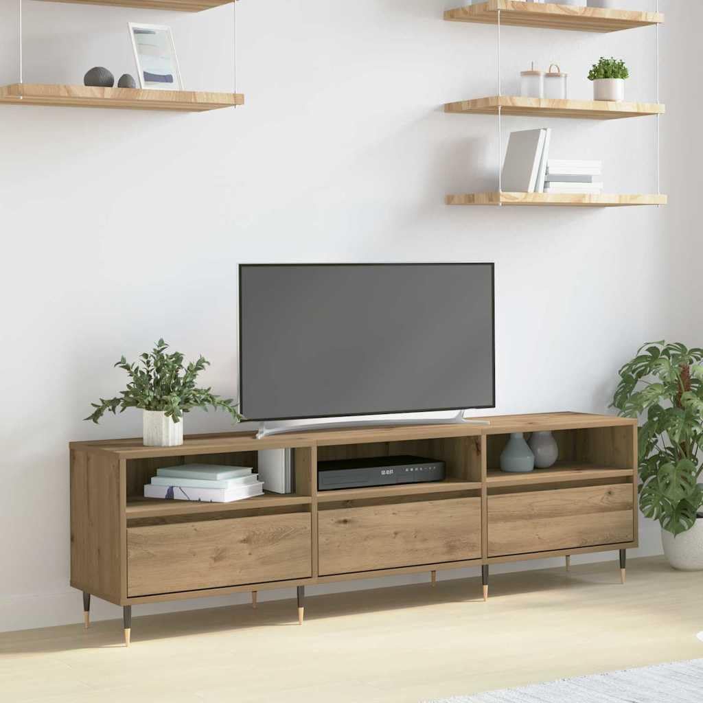 Szafka pod telewizor z dębu Artisan 150 x 30 x 45 cm, materiał drewnopochodny z 3 drzwiami i półkami, niska szafka do salonu, schowek HiFi, półka multimedialna, komoda z kanałem kablowym