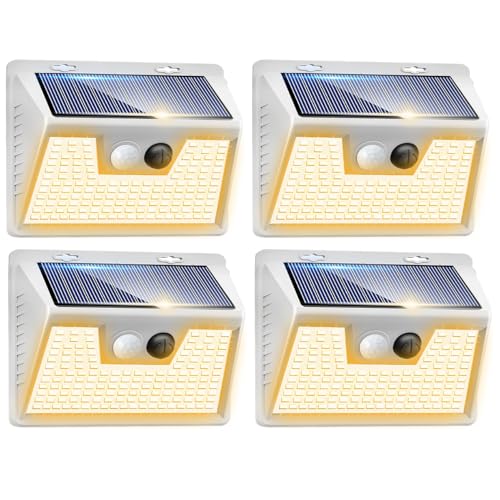 Image of Peasur Solar Lights Outdoor Motion Sensor Waterproof, 4Pack 140LED White Solar Powered Fence Lights, 3 Modes Security Wall Lights for Garden Yard Outside Warm