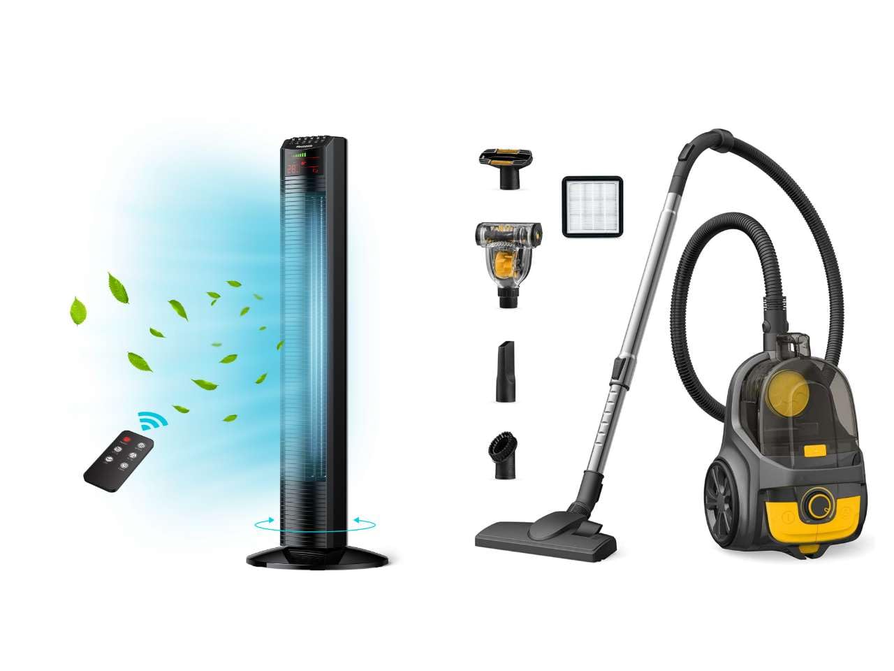 Orgtoy Tower Fan, 36”Oscillating Bladeless Fans Canister Vacuum Cleaner Lightweight Bagless Vacuum Cleaner, 3.7QT Large Dust Cup, Automatic Cord Rewind