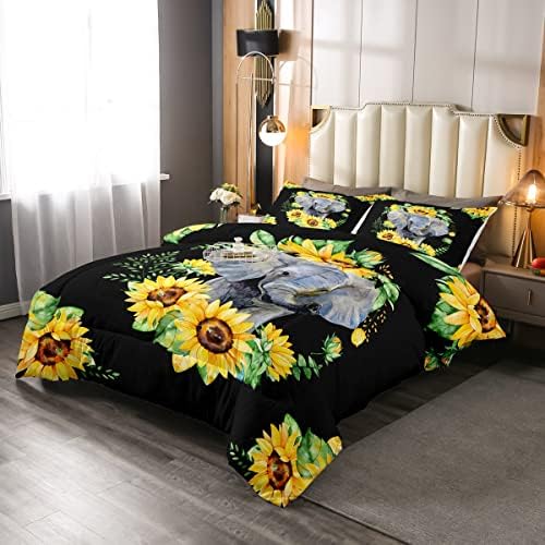Elephant Comforter Set, Yellow Sunflower Down Comforter Twin Size for Kids Girls Teens Adult Bedroom Decor, African Safari Animal Duvet Sets Floral Petal Country Bedding Set with 1 Pillow Case