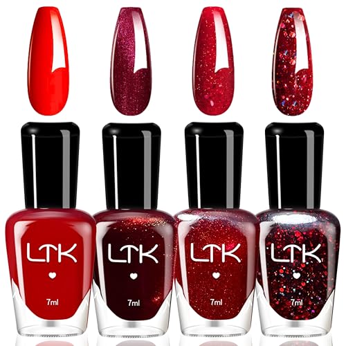 Lot de 4 vernis à ongles rouge - Séchage rapide et longue durée - Vernis à ongles rouge Shimmer - Vernis à base d'eau non toxique - Pas de lampe UV - Pour...