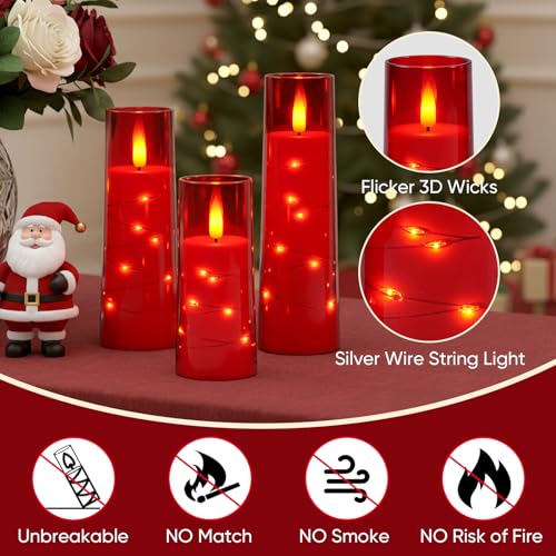 Image of Raycare Flameless Candle with Remote Timer - 5 Flickering Acrylic Battery Operated LED Pillar Candles with Embedded Star String for Halloween, Home Decor, and as a Gift(Red)
