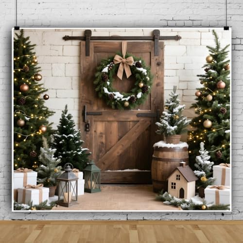 Rustic Christmas Backdrop 10x8ft Wooden Barn Door White Brick Wall Christmas Backdrops for Photography Xmas Photo Props Friendsmas New Years Birthday Baby Shower Decorations Holiday Background