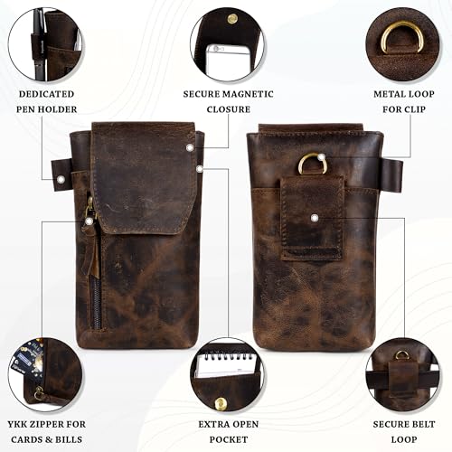TRISKY Genuine Leather Phone Holster with Belt Clip - Magnetic Closure, ID Card Holder - Universal Case for iPhone, Samsung Galaxy, Google Pixel, 7”x3.5” - Brown by TRISKY - Image 5