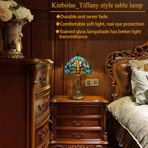 Kinbolas Tischlampe kleine im Tiffany Stil,Vintage Nachttischlampe,Schlafzimmer Fensterbank Deko Lampe,Jugendstil Tischleuchte,Blau Libellen Buntglas lampenschirm 20cm / 8 Zoll Mit LED E14 Birne