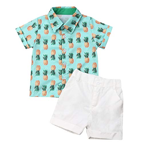 Toddler Baby Boy Summer Outfits Set Gentleman Button-Down Short Sleeve Shirt Blouse Tops + Solid Shorts Pants (Pineapple T-Shirt + White Shorts, 2-3 T)