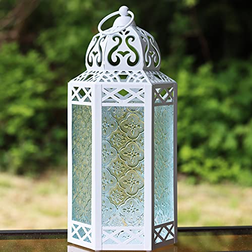 White Hanging Metal Moroccan Decorative LED Fairy Lights Candle Lantern Holder for Patio, Home Decor and Weddings, Indoor Outdoor - Clear Glass, Large, Set of 2