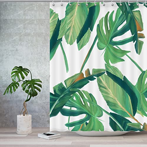 Punkray Tropical Palm Leaf Fabric Shower Curtain For Bathroom With 12 Hooks, Green Nature Plant Shower Curtains With Weighted Hem,Waterproof Polyester Fabric 72 X 72 Inches Set #TOP1