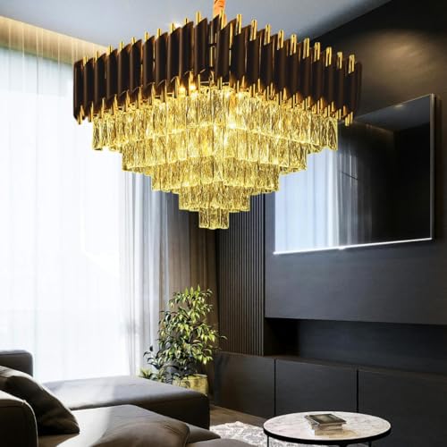 Image of TRIXY Chandeliers Lights for Ceiling Black Gold Square Crystal Ceiling Light | 3 Tier, K9 Crystal 400mm Elegant Pendant Lamp Fixture for Bedroom, Dining Room, Living Room & Luxury Indoor Lighting
