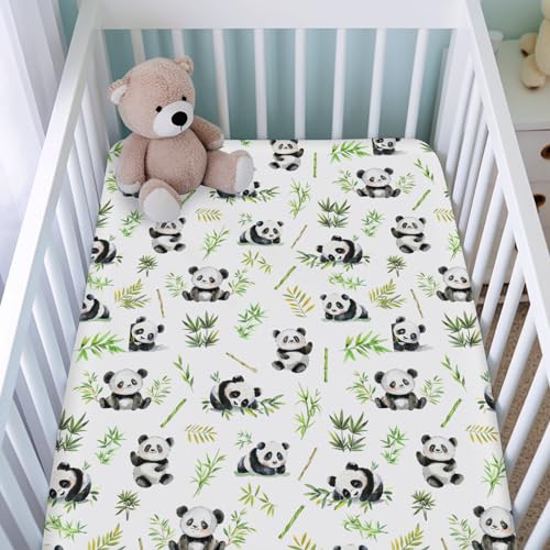 Image of Watercolor Panda Green Leaves Fitted Baby Crib Sheet for Baby Boy Girl 52 inchx28 inch Cute Bear Animal Soft Breathable Unisex Fitted Baby Bed Sheets Fits All Standard Crib and Toddler Mattress Pads