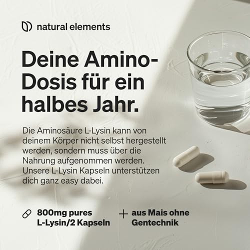 natural elements L-Lysin – 365 Kapseln – 800mg L-Lysin – Aus pflanzlicher Fermentation – ohne...